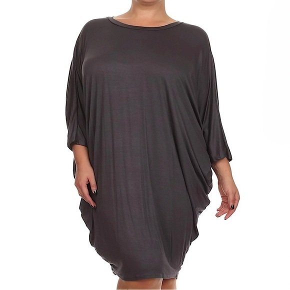 MOA • Women’s Grey Loose Fit 3/4 Dolman Bat Wing Sleeve Casual Midi Dress - Picture 1 of 4